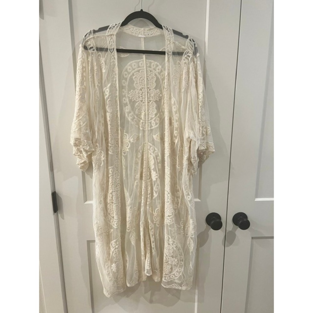 Cream Ivory Sheer Floral Lace Kimono Duster Bohemian Embroidered Cover Up Maxi